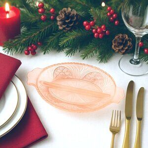 VTG Glass Divided Relish Dish Pink Satin Oval Frosted Starburst Serving Tray